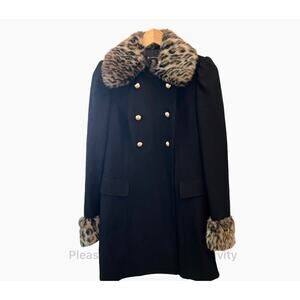 NWT INC W Sz M Coat Black 38% Wool Leopard Faux Fur Collar Winter Heavy